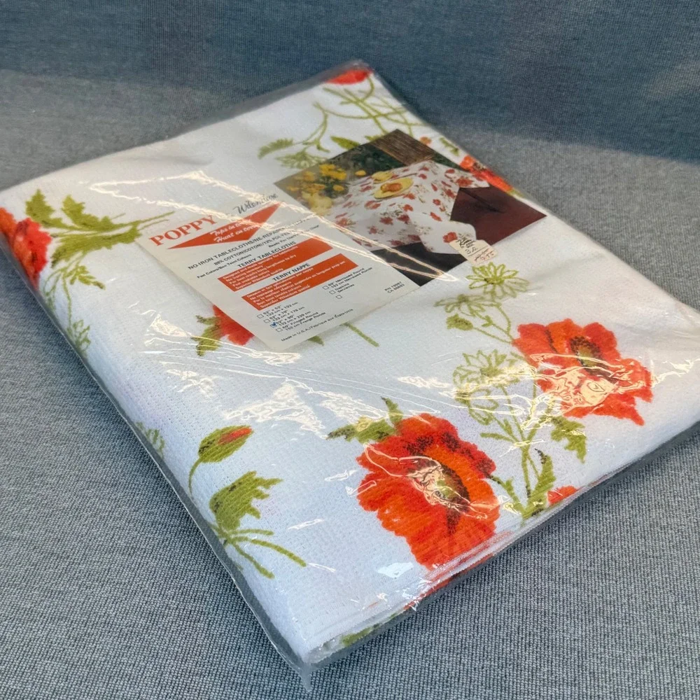 NOS VTG Poppy Wilendure Terry Tablecloth 52x90 No Iron Floral‎ 50s Retro MCM Art